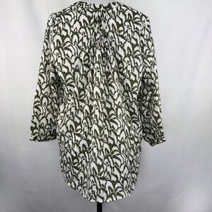 Jachs Girlfriend Blouse Sz S Notch V-Neck hidden button 3/4 sleeve green print